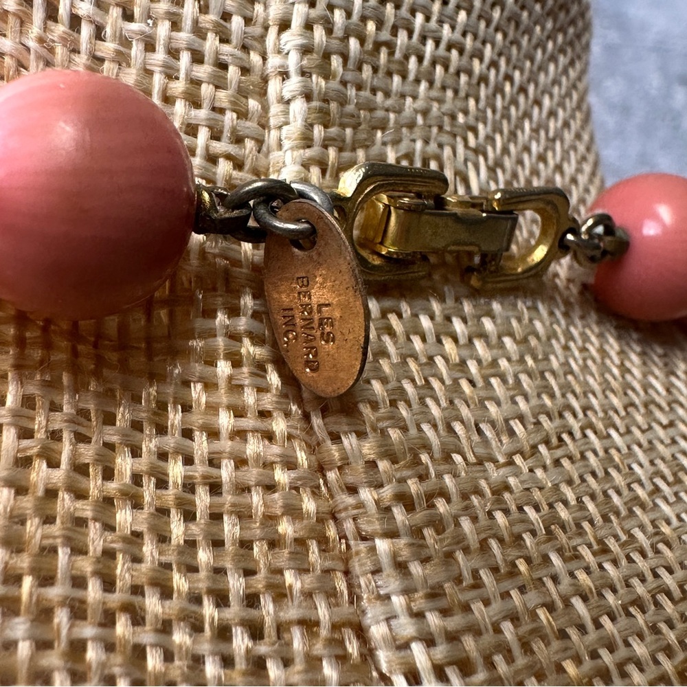 Vintage Les Bernard Coral Pink and Gold Beaded Long Necklace - Picture 3 of 6